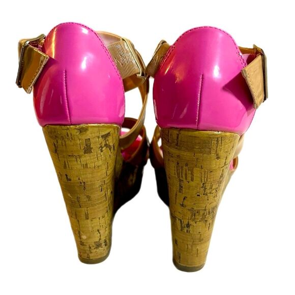 Madden Girl Cork Wedge Sandals Patton Leather Tan Strap Hot Pink Women’s 8. - Picture 4 of 7